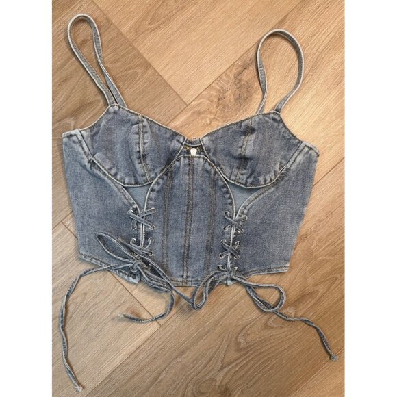 PrettyLittleThing Tops - 2/$30 NWT PrettyLittleThing Petite Size 6 Blue Denim Corset Top Lace-Up Sides